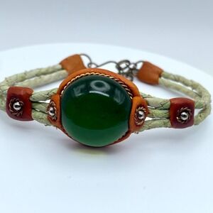Boho-Chic Classic Fashion Green Cabochon Brown Leather Braided Hook Bracelet